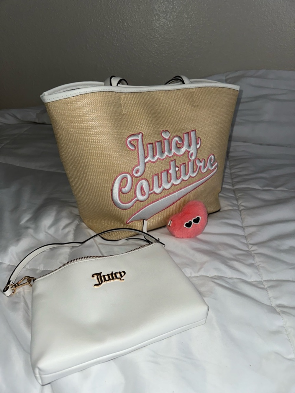 Juicy Couture Beige Straw Tote with White Pouch and Pink Charm